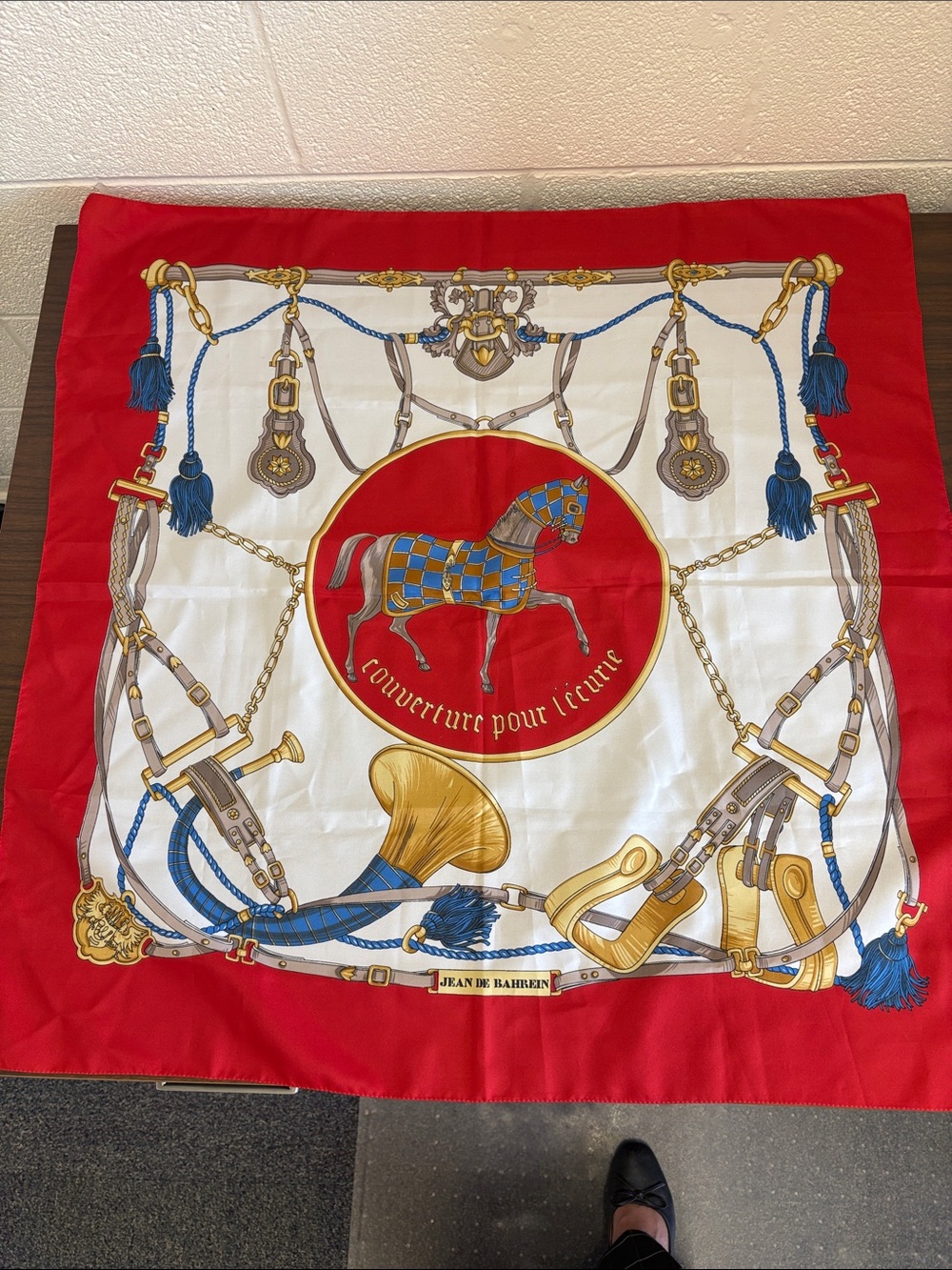 Vintage Jean de Bahrein Classic Equestrian Horse Print Square Scarf Red Border